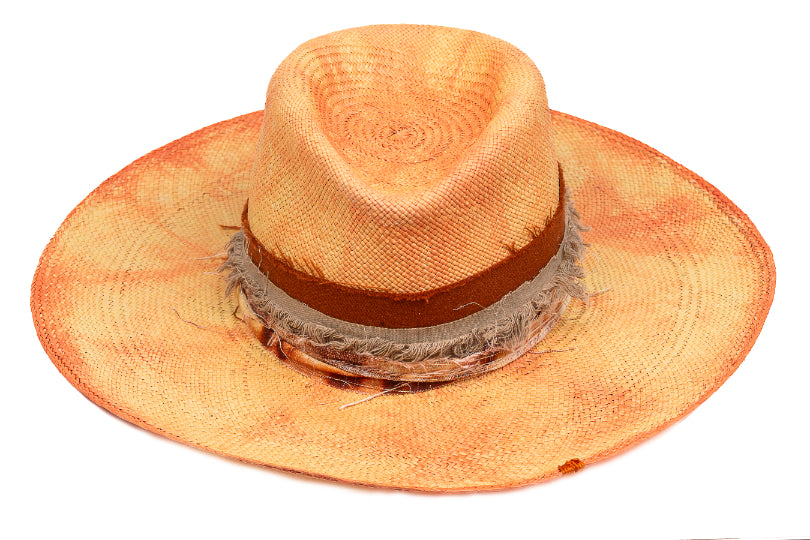 Amber – Distressed Ochre Straw Fedora with Frayed Earth Band - size 57