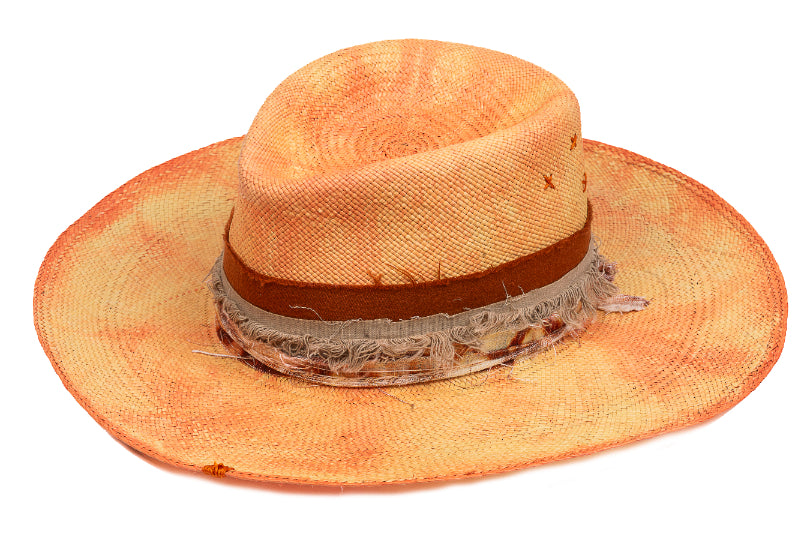 Amber – Distressed Ochre Straw Fedora with Frayed Earth Band - size 57
