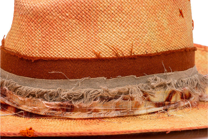 Amber – Distressed Ochre Straw Fedora with Frayed Earth Band