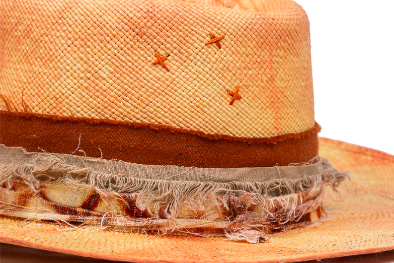Amber – Distressed Ochre Straw Fedora with Frayed Earth Band