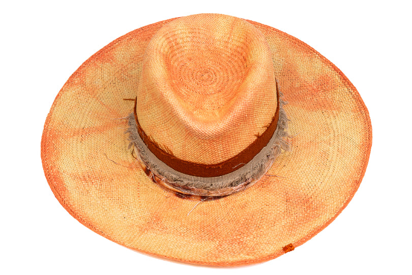 Amber – Distressed Ochre Straw Fedora with Frayed Earth Band - size 57