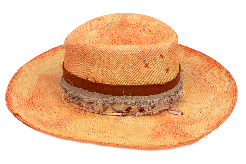 Amber – Distressed Ochre Straw Fedora with Frayed Earth Band