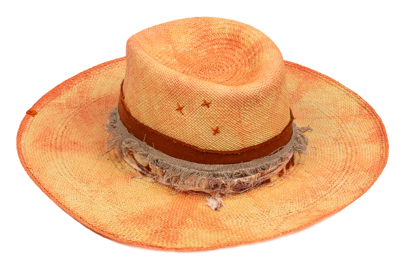 Amber – Distressed Ochre Straw Fedora with Frayed Earth Band