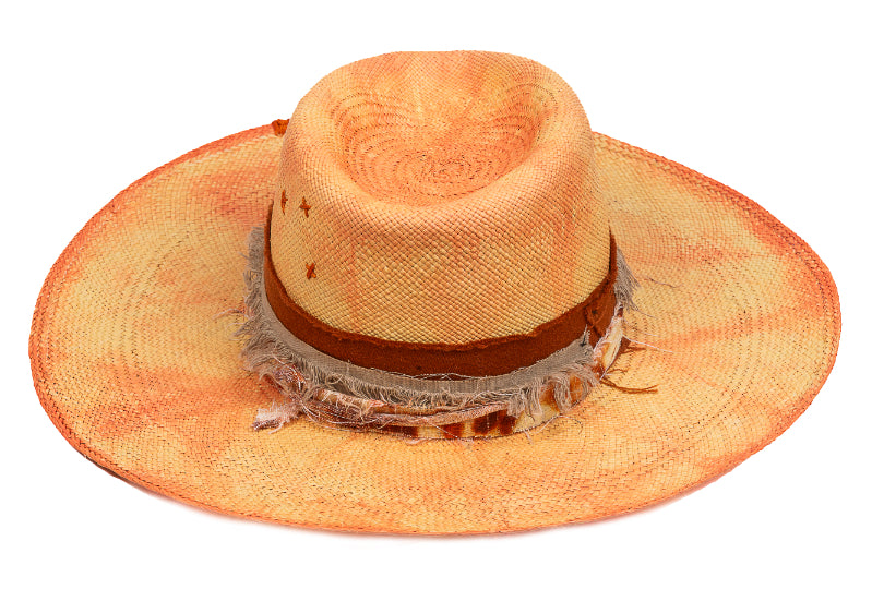 Amber – Distressed Ochre Straw Fedora with Frayed Earth Band