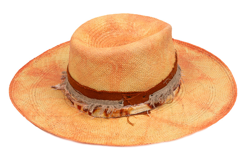 Amber – Distressed Ochre Straw Fedora with Frayed Earth Band - size 57