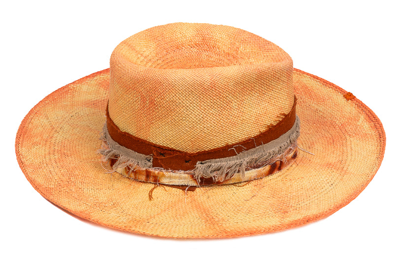 Amber – Distressed Ochre Straw Fedora with Frayed Earth Band