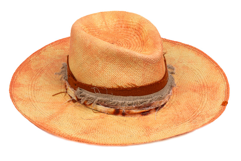 Amber – Distressed Ochre Straw Fedora with Frayed Earth Band