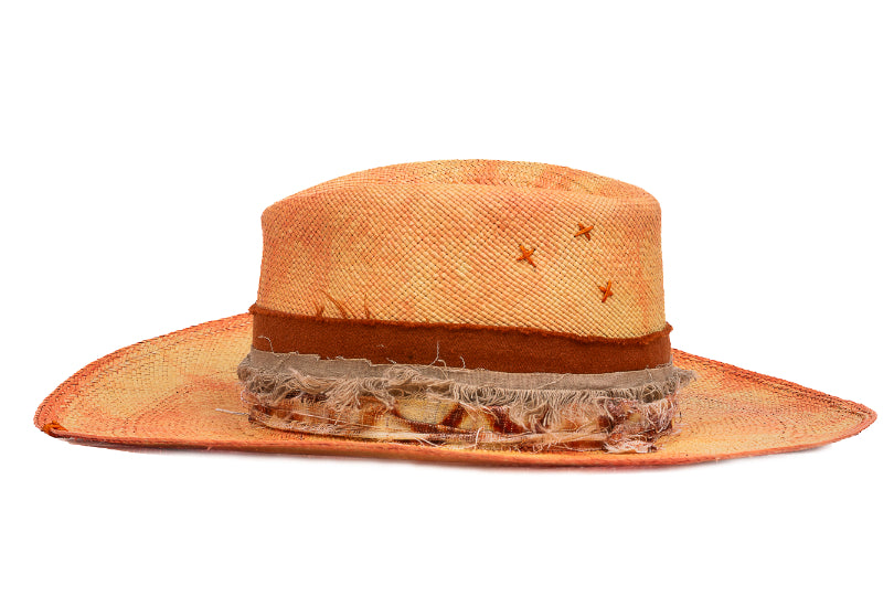 Amber – Distressed Ochre Straw Fedora with Frayed Earth Band
