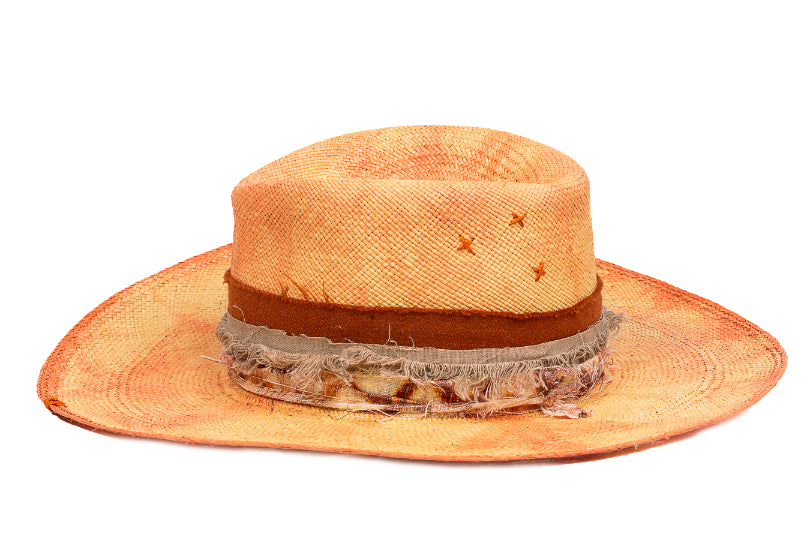Amber – Distressed Ochre Straw Fedora with Frayed Earth Band