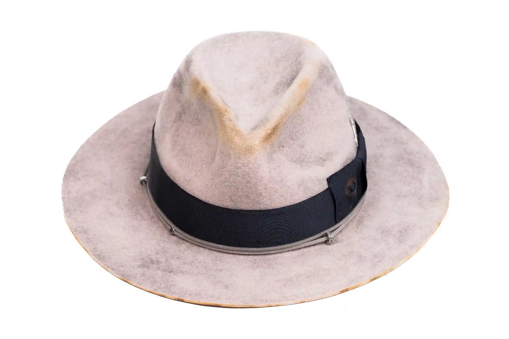 Ashford – Distressed Grey Fedora with Navy Band & Silver Details