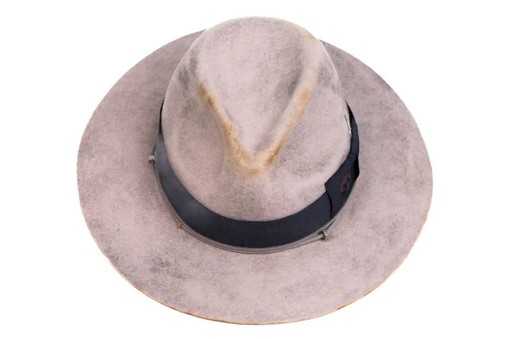 Ashford – Distressed Grey Fedora with Navy Band & Silver Details