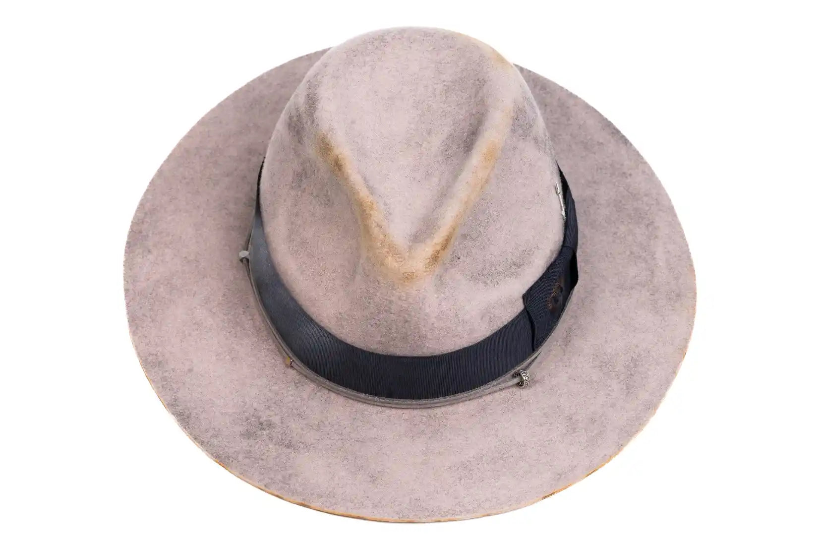 Ashford – Distressed Grey Fedora with Navy Band & Silver Details