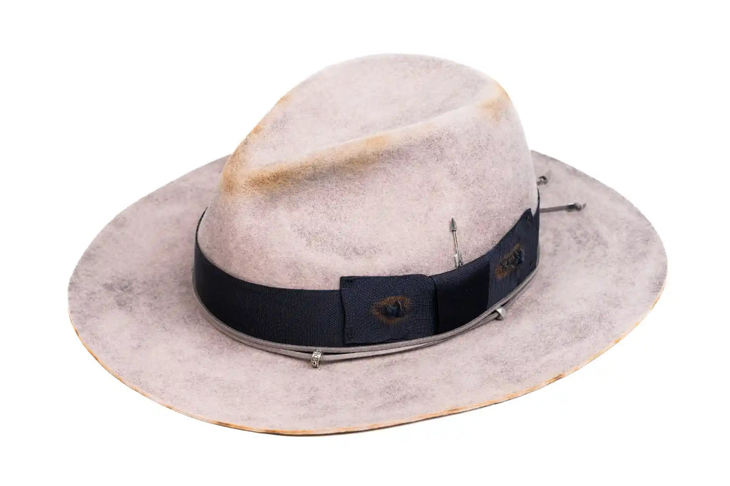 Ashford – Distressed Grey Fedora with Navy Band & Silver Details