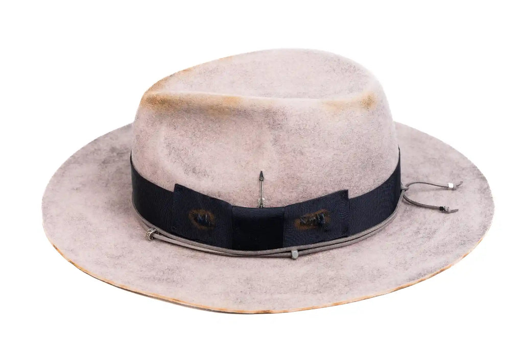 Ashford – Distressed Grey Fedora with Navy Band & Silver Details