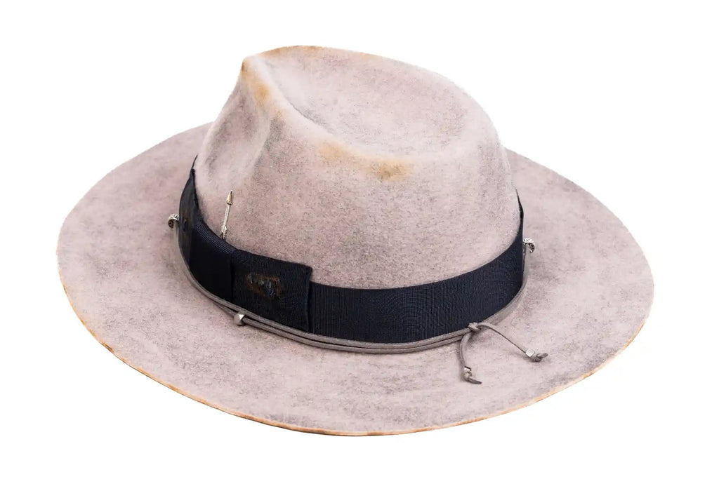 Ashford – Distressed Grey Fedora with Navy Band & Silver Details