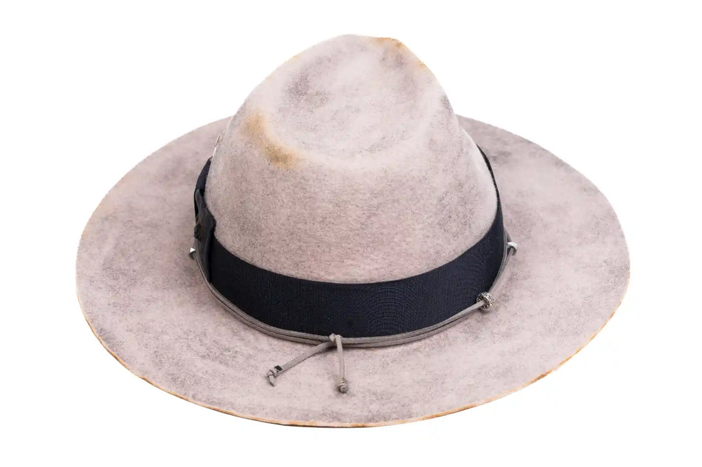 Ashford – Distressed Grey Fedora with Navy Band & Silver Details
