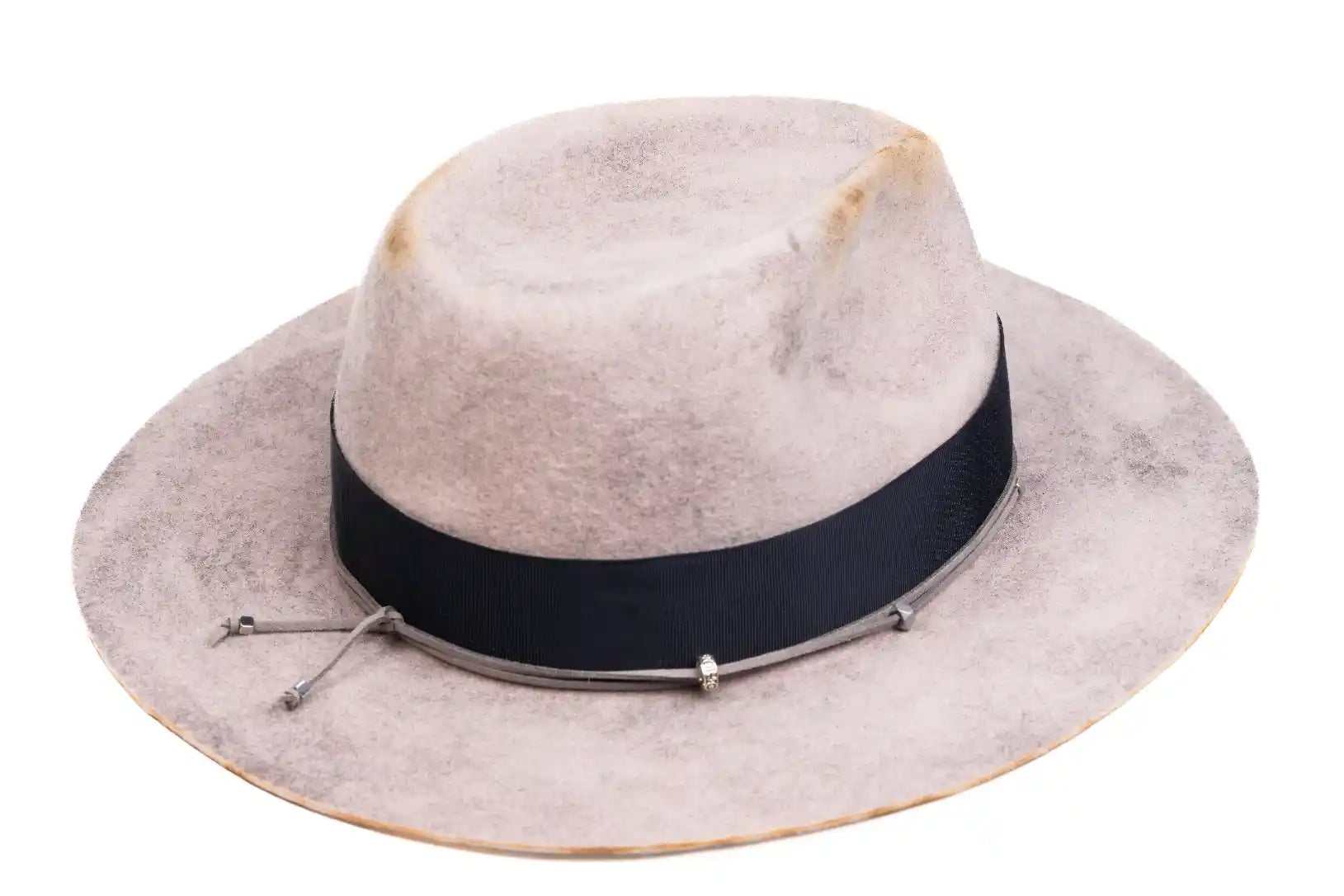 Ashford – Distressed Grey Fedora with Navy Band & Silver Details