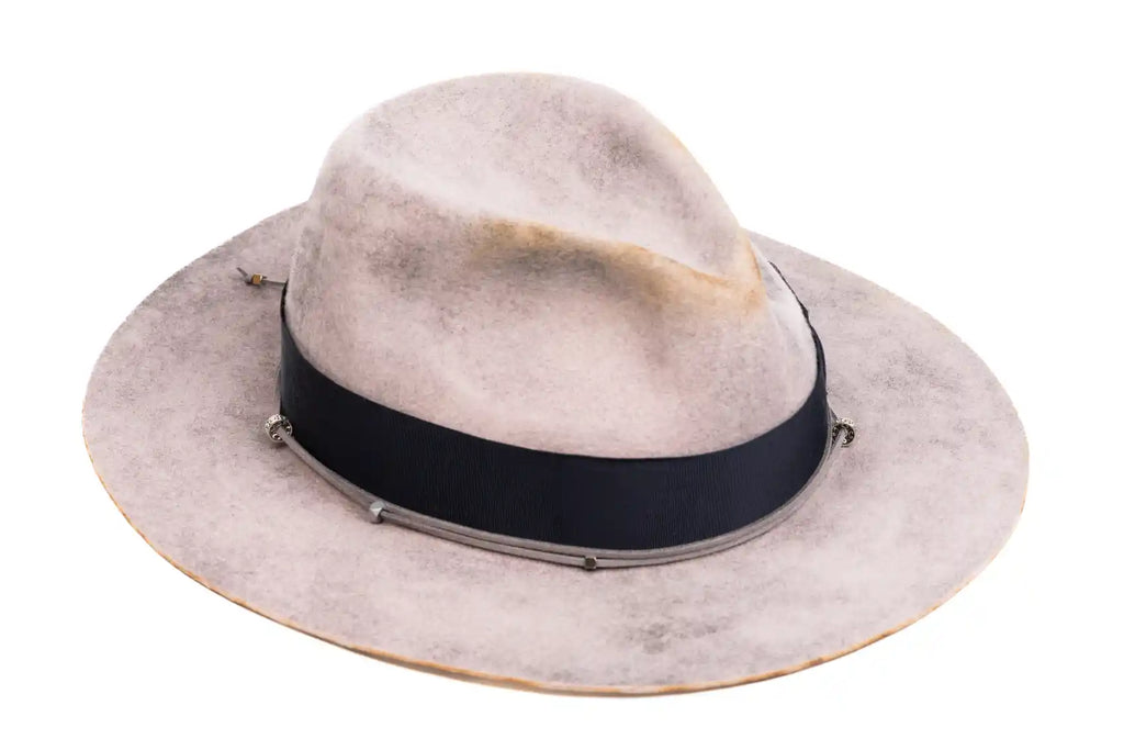 Ashford – Distressed Grey Fedora with Navy Band & Silver Details