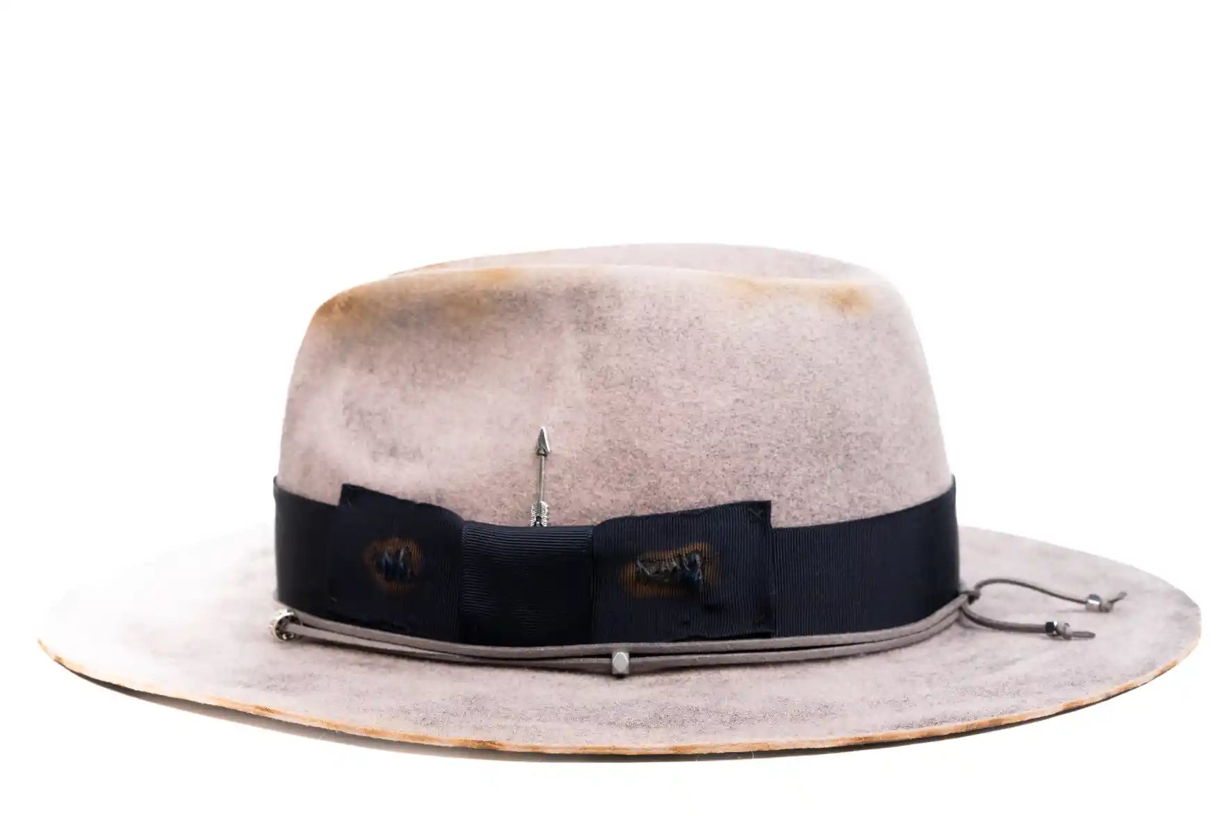Ashford – Distressed Grey Fedora with Navy Band & Silver Details