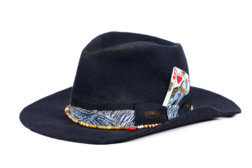 High Stakes – Deep blue Felt Hat with Playing Card Detail - size 56