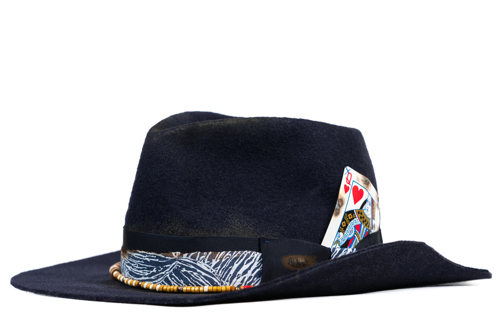 High Stakes – Deep blue Felt Hat with Playing Card Detail - size 56