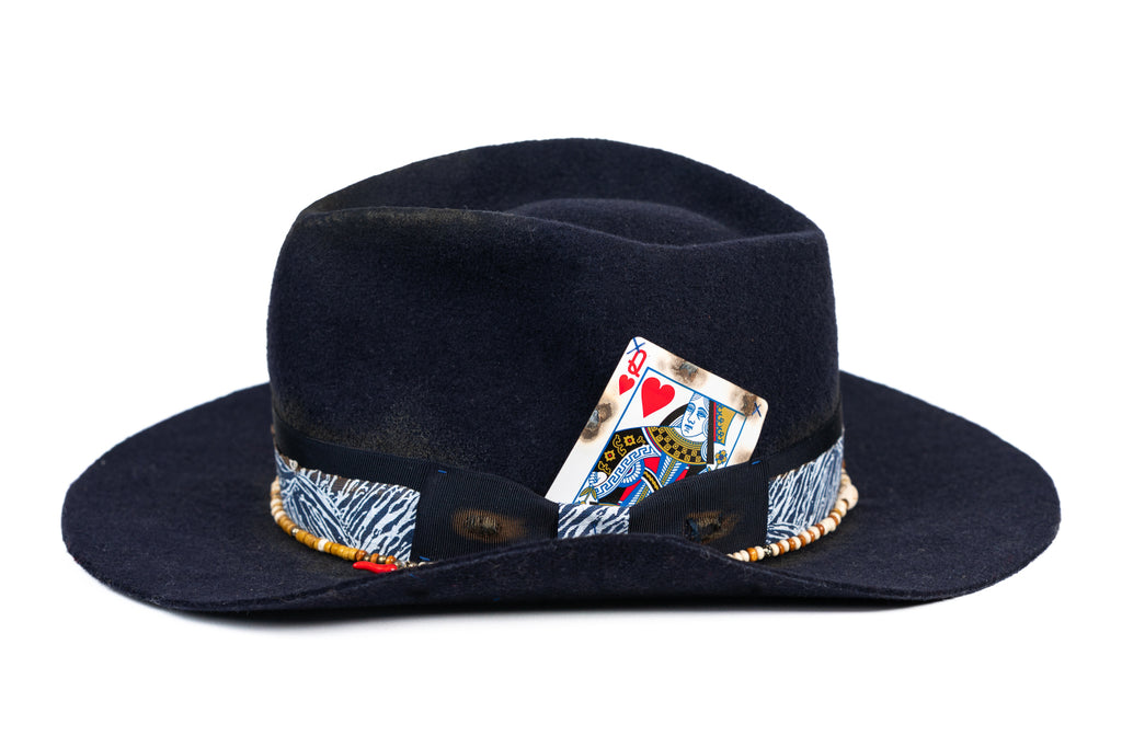 High Stakes – Deep blue Felt Hat with Playing Card Detail - size 56