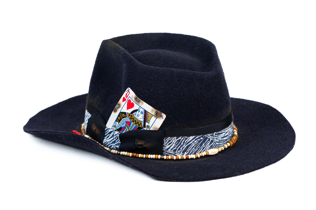 High Stakes – Deep blue Felt Hat with Playing Card Detail - size 56