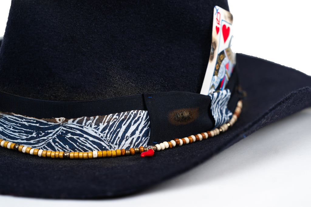 High Stakes – Deep blue Felt Hat with Playing Card Detail - size 56