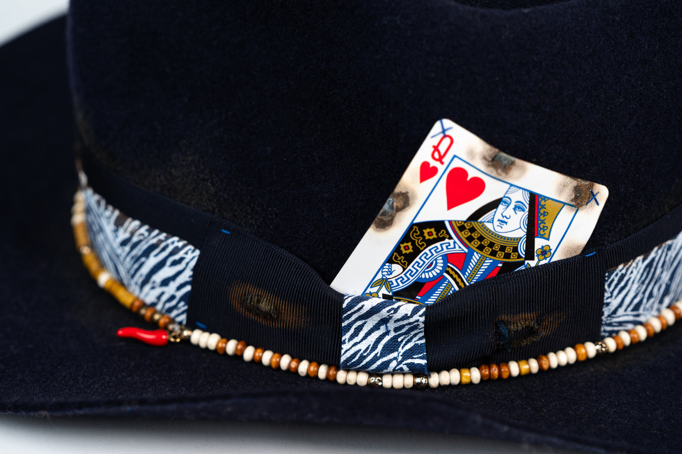 High Stakes – Deep blue Felt Hat with Playing Card Detail - size 56