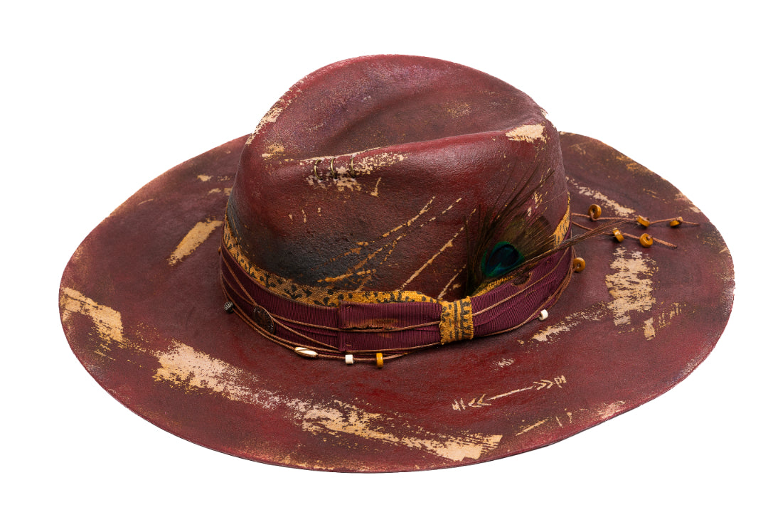 Phoenix Blood – Distressed Artisan Fedora with Peacock Plume