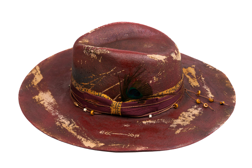 Phoenix Blood – Distressed Artisan Fedora with Peacock Plume