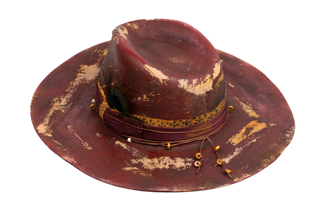 Phoenix Blood – Distressed Artisan Fedora with Peacock Plume