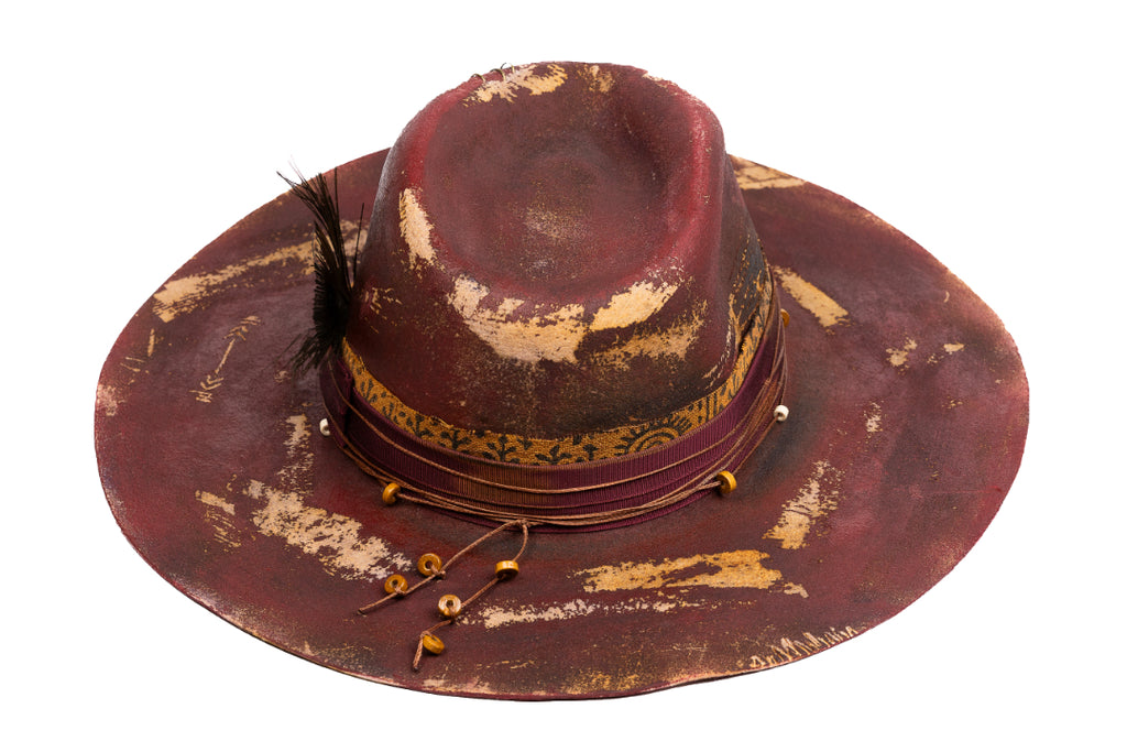 Phoenix Blood – Distressed Artisan Fedora with Peacock Plume
