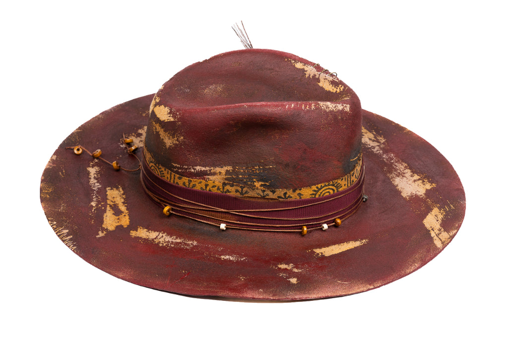 Phoenix Blood – Distressed Artisan Fedora with Peacock Plume