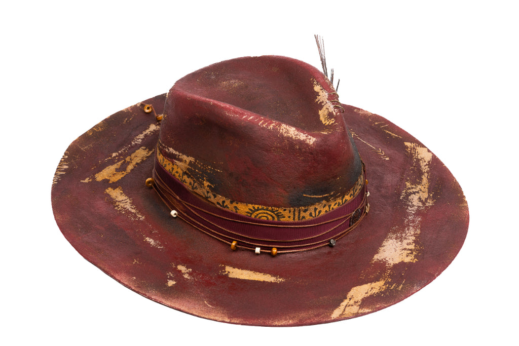 Phoenix Blood – Distressed Artisan Fedora with Peacock Plume