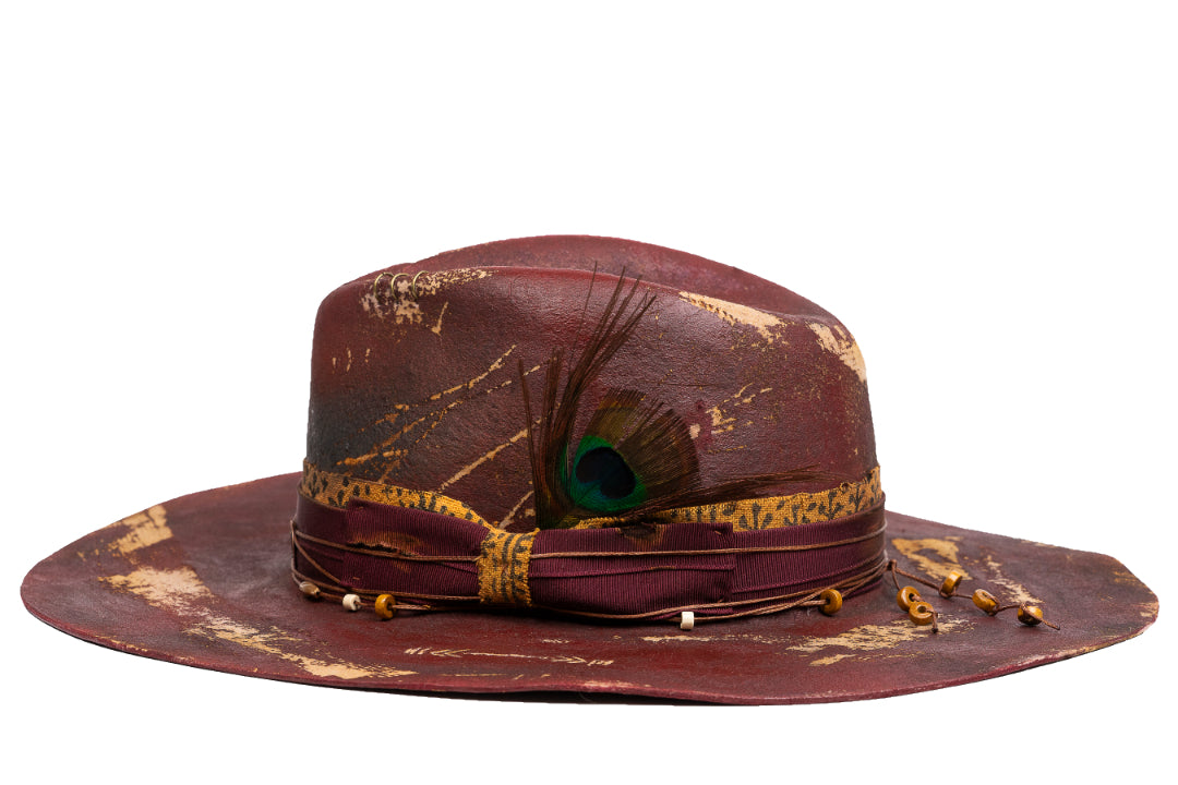 Phoenix Blood – Distressed Artisan Fedora with Peacock Plume