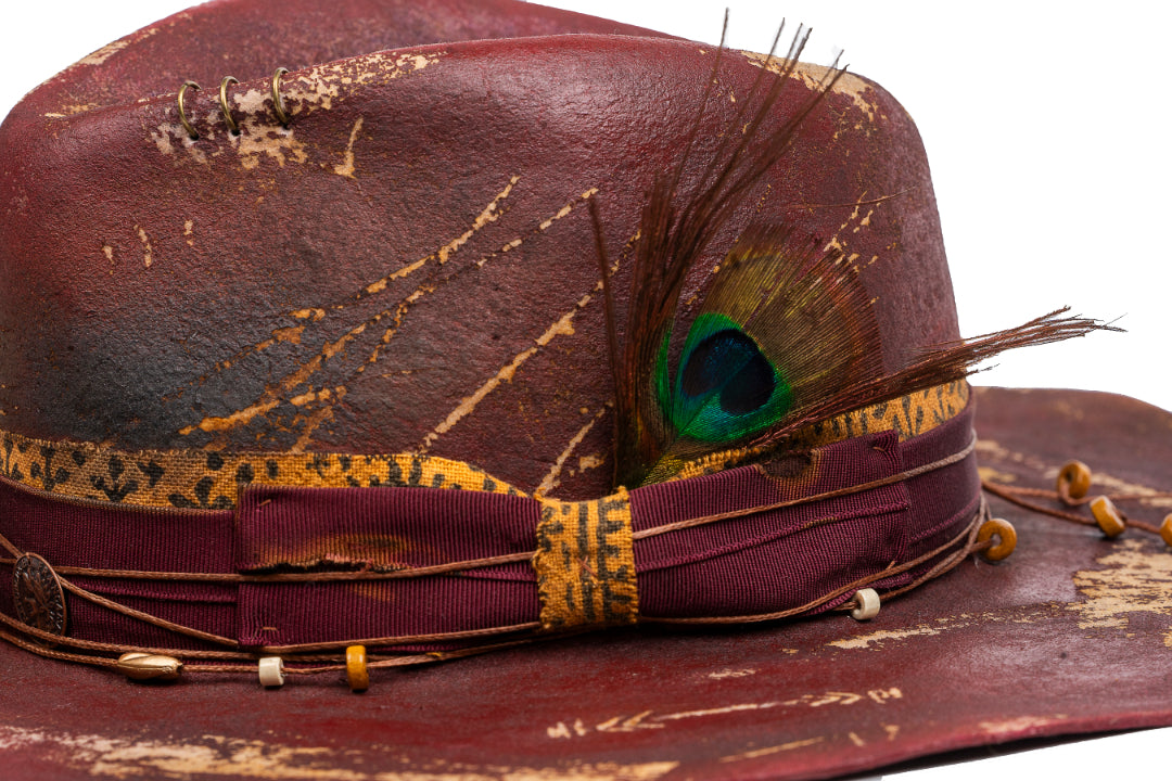 Phoenix Blood – Distressed Artisan Fedora with Peacock Plume