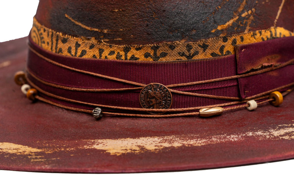 Phoenix Blood – Distressed Artisan Fedora with Peacock Plume