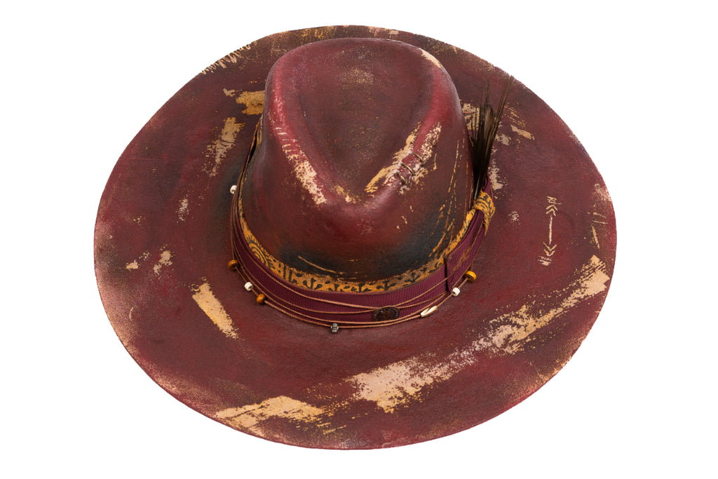 Phoenix Blood – Distressed Artisan Fedora with Peacock Plume