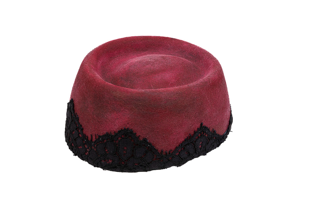 Velvet Noir – Artisan Pillbox Hat with Guipure Lace Detail