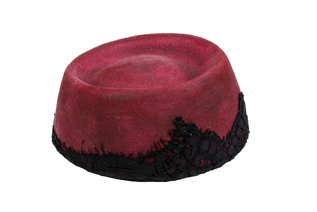 Velvet Noir – Artisan Pillbox Hat with Guipure Lace Detail