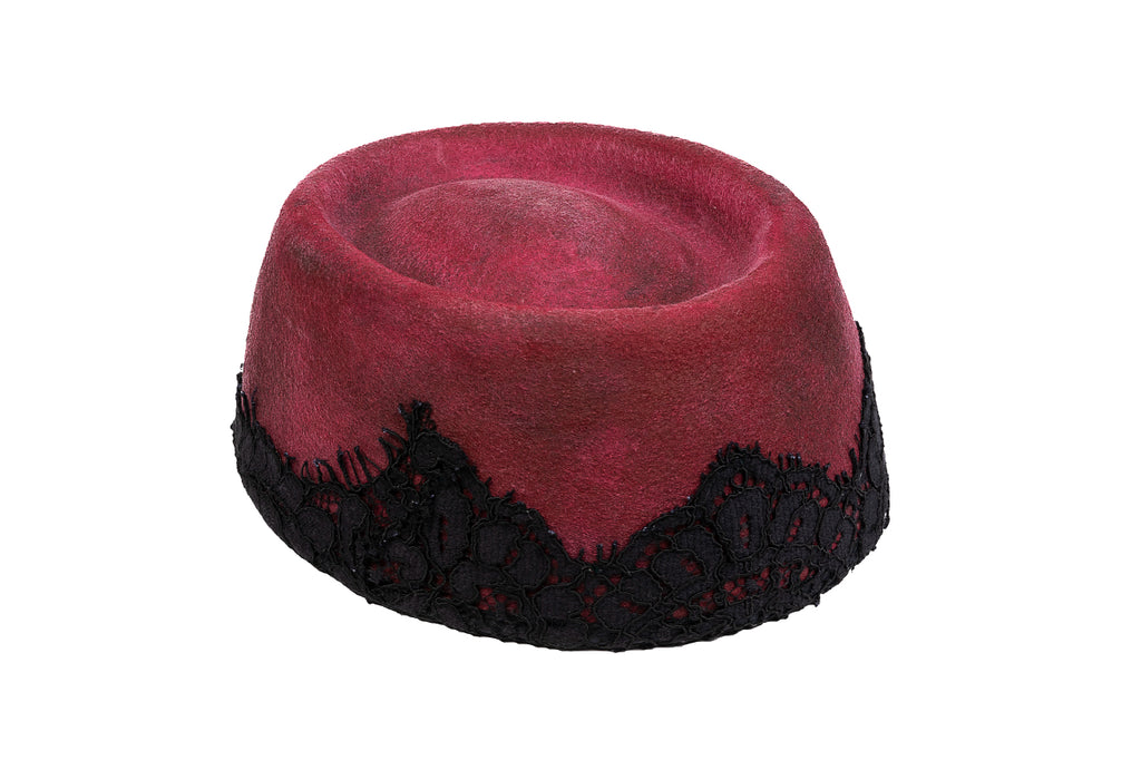 Velvet Noir – Artisan Pillbox Hat with Guipure Lace Detail