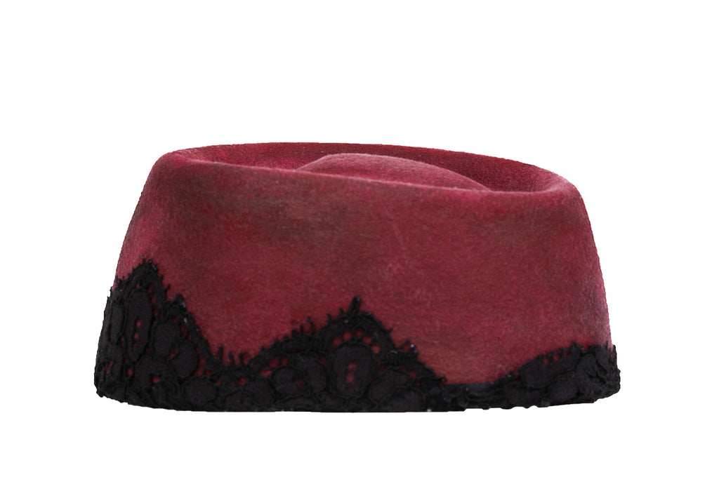 Velvet Noir – Artisan Pillbox Hat with Guipure Lace Detail