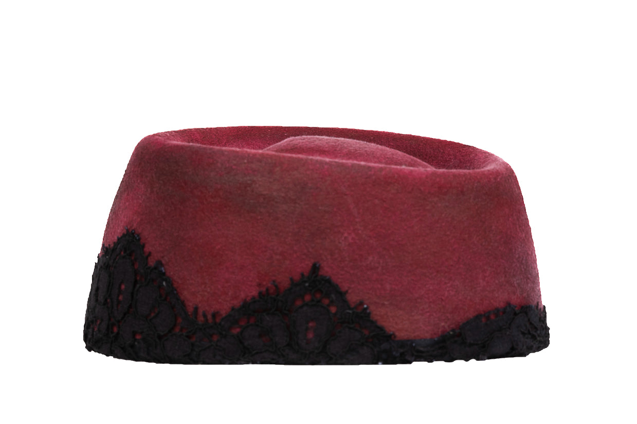 Velvet Noir – Artisan Pillbox Hat with Guipure Lace Detail