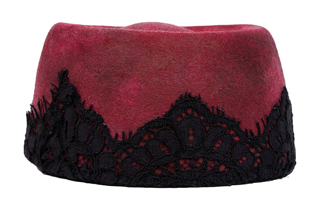 Velvet Noir – Artisan Pillbox Hat with Guipure Lace Detail