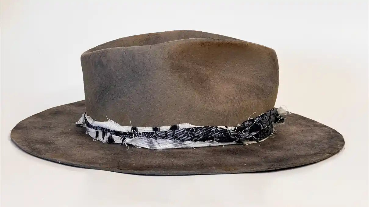 DUSTLINE — Handcrafted Distressed Grey Fedora with Frayed Textile Band