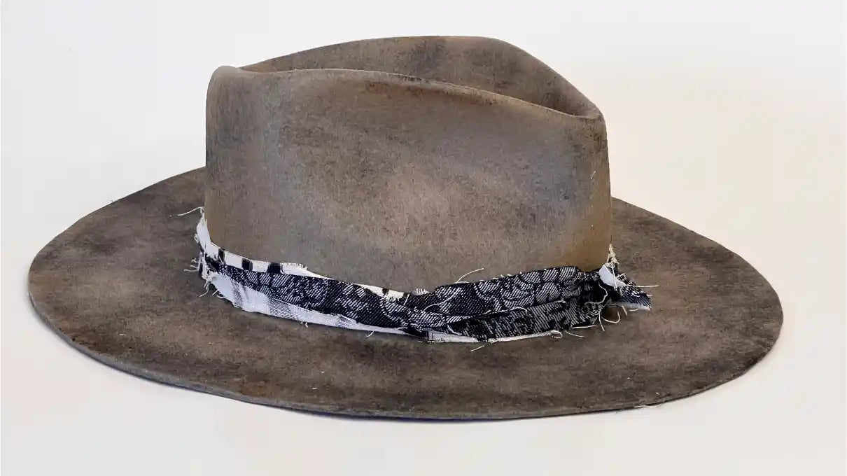 DUSTLINE — Handcrafted Distressed Grey Fedora with Frayed Textile Band