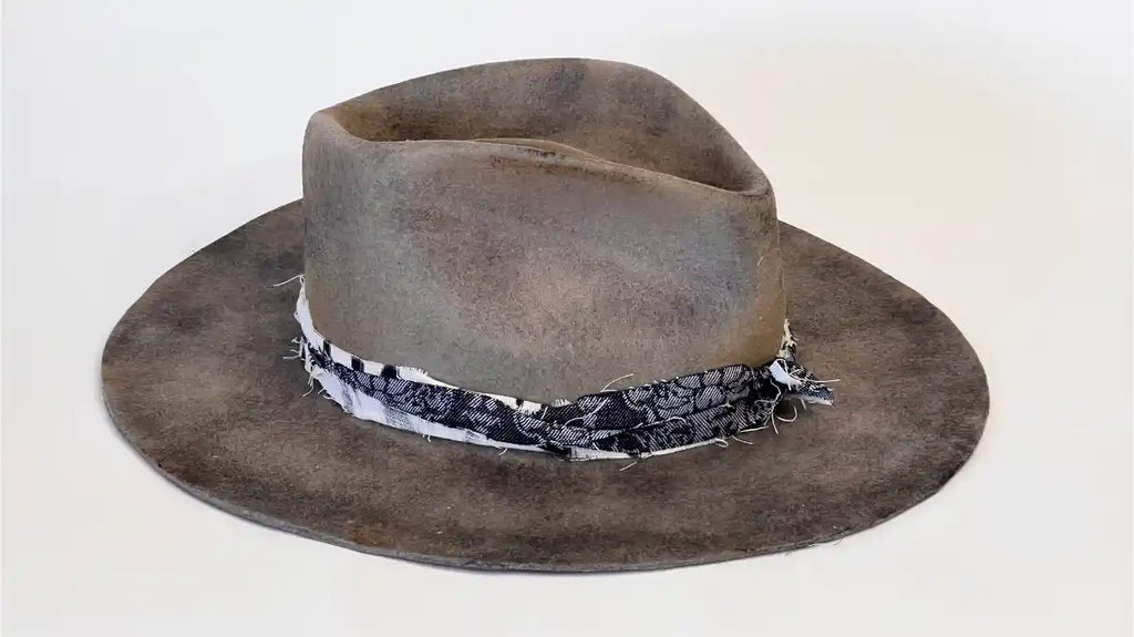 DUSTLINE — Handcrafted Distressed Grey Fedora with Frayed Textile Band