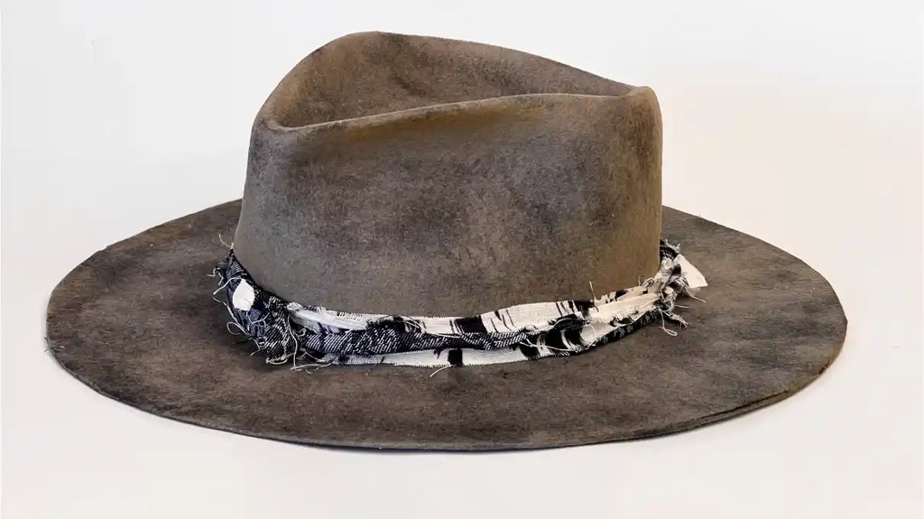 DUSTLINE — Handcrafted Distressed Grey Fedora with Frayed Textile Band