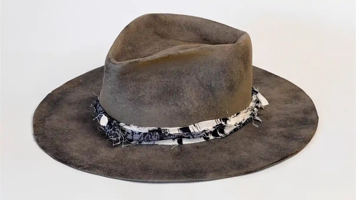 DUSTLINE — Handcrafted Distressed Grey Fedora with Frayed Textile Band